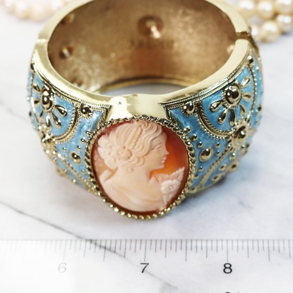 Amedeo Hand Carved Cameo Satin Blue Cuff Bracelet - Picture 14 of 16